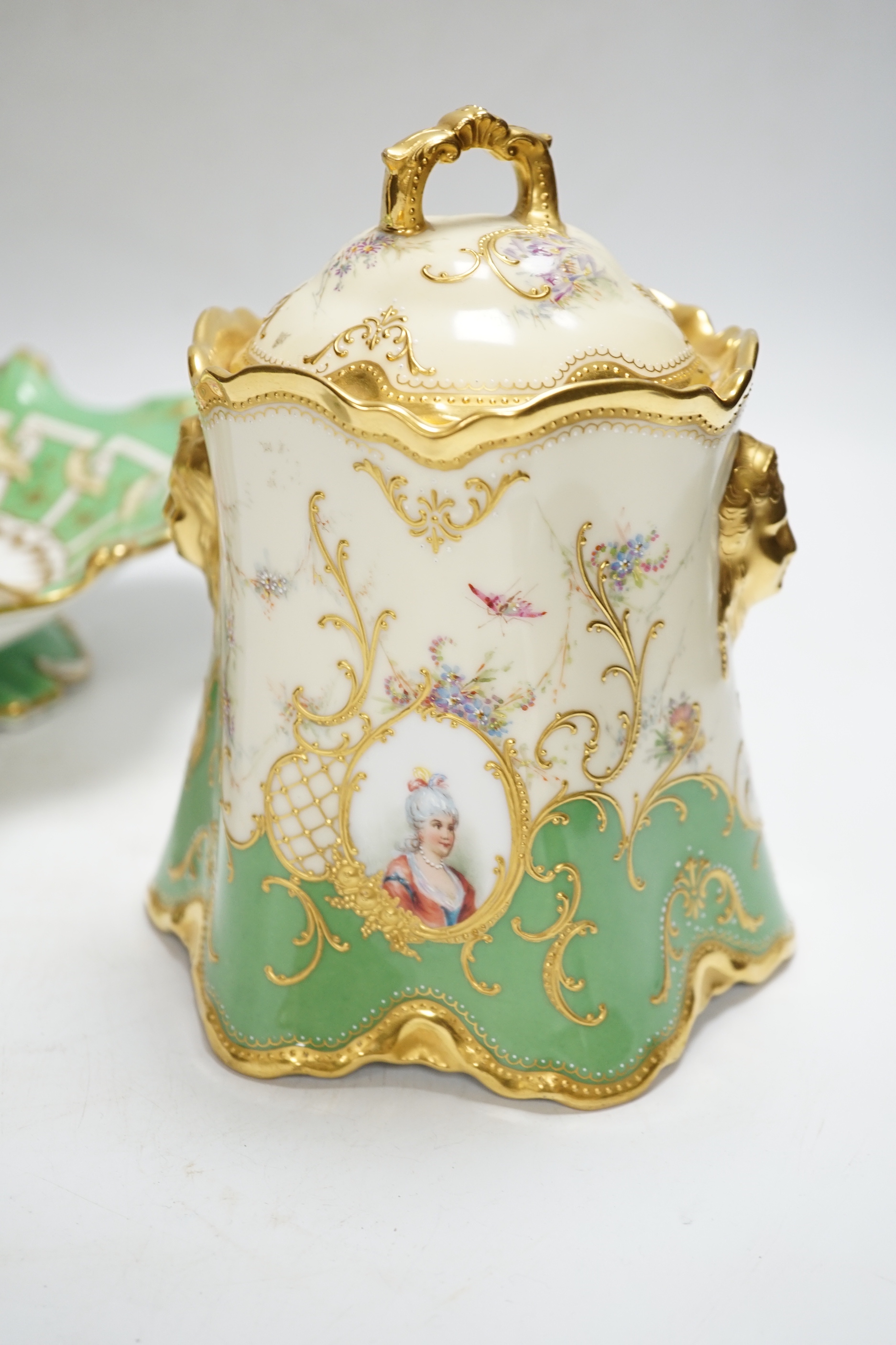 A Dresden jar and cover and a Victorian porcelain basket, tallest 18cm